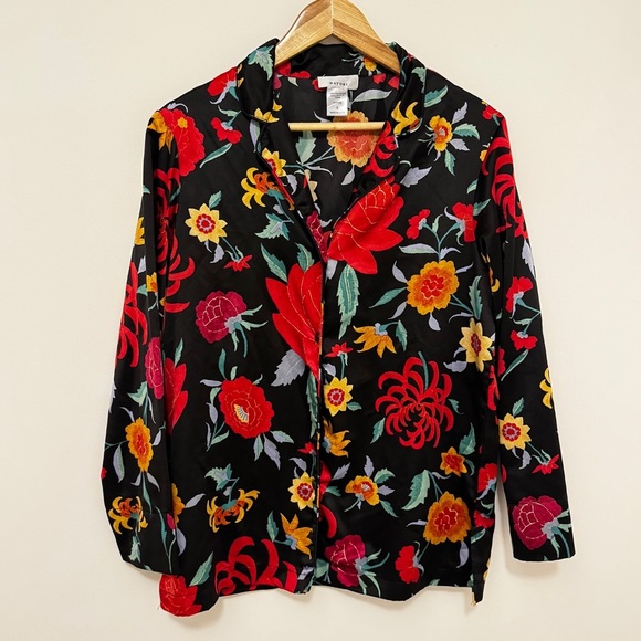 Natori Floral Button Front Top Size Small Long sleeve red black PJs Sleep Shirt - Picture 2 of 7
